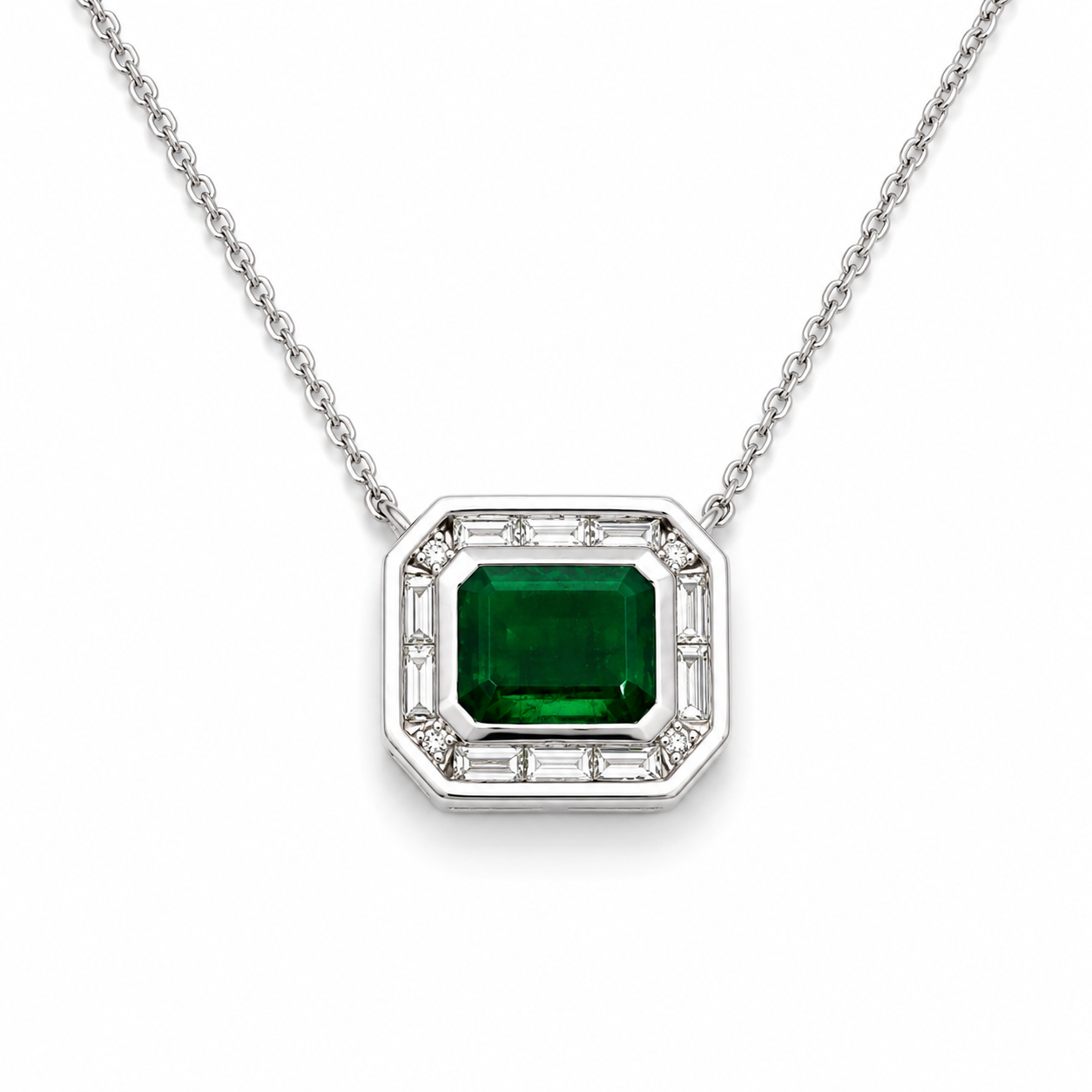 White Gold Emerald and Diamond Necklace