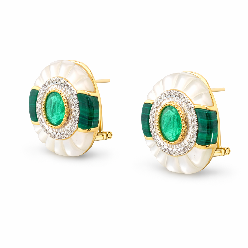 Malachite, Emerald, Mother of pearl and Diamond Earrings