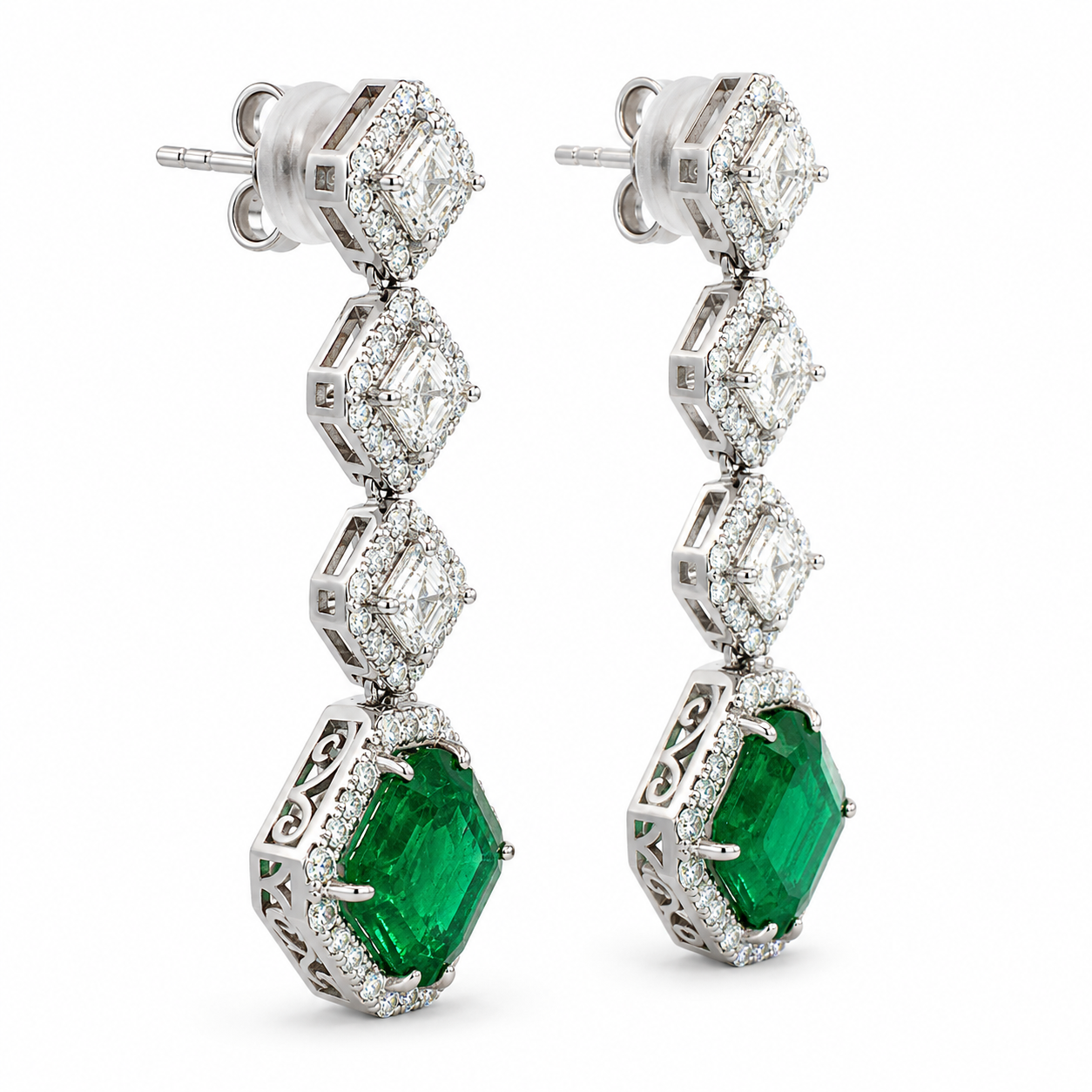 White Gold Emerald and Diamond Earrings