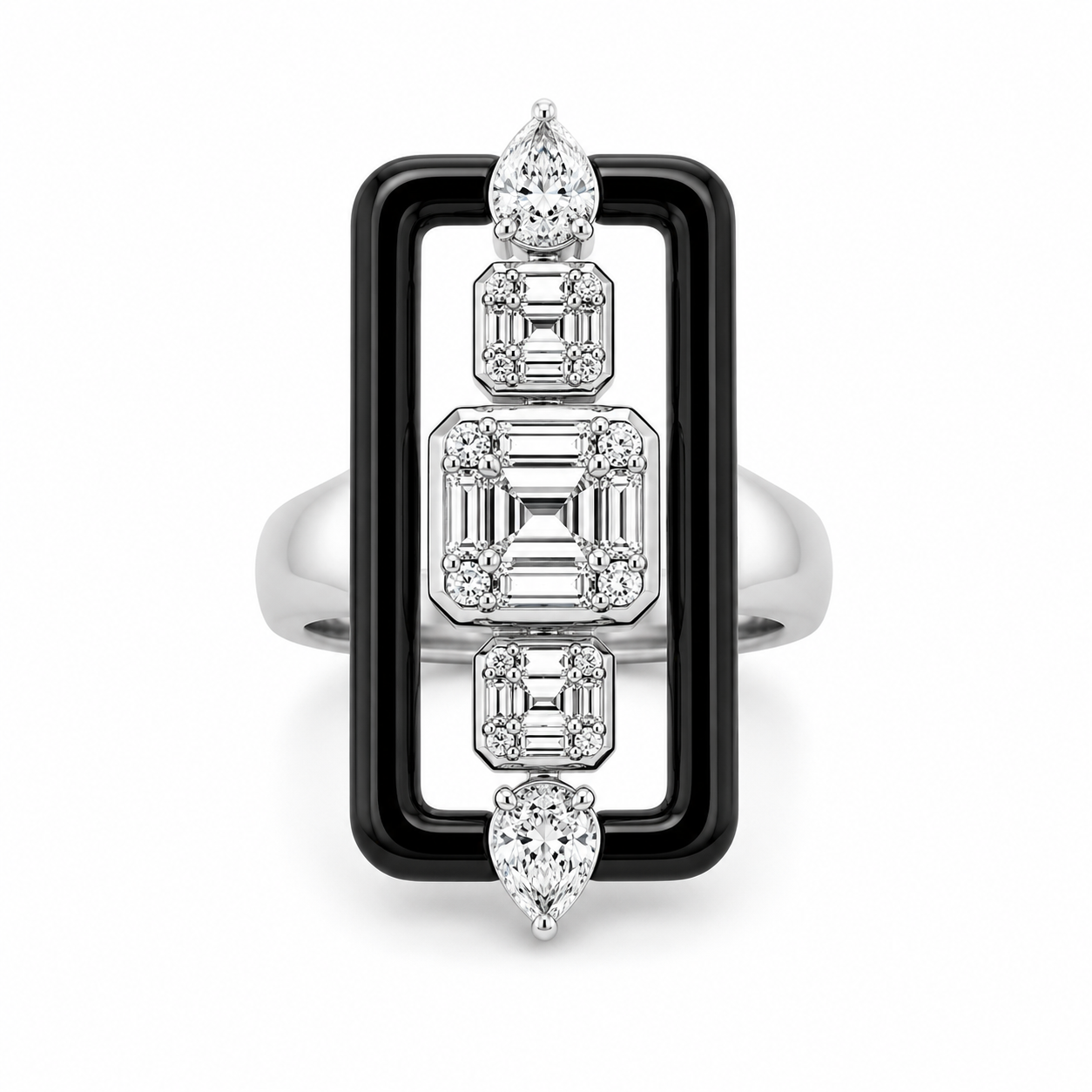 White Gold Diamond Cristal and Onix Ring