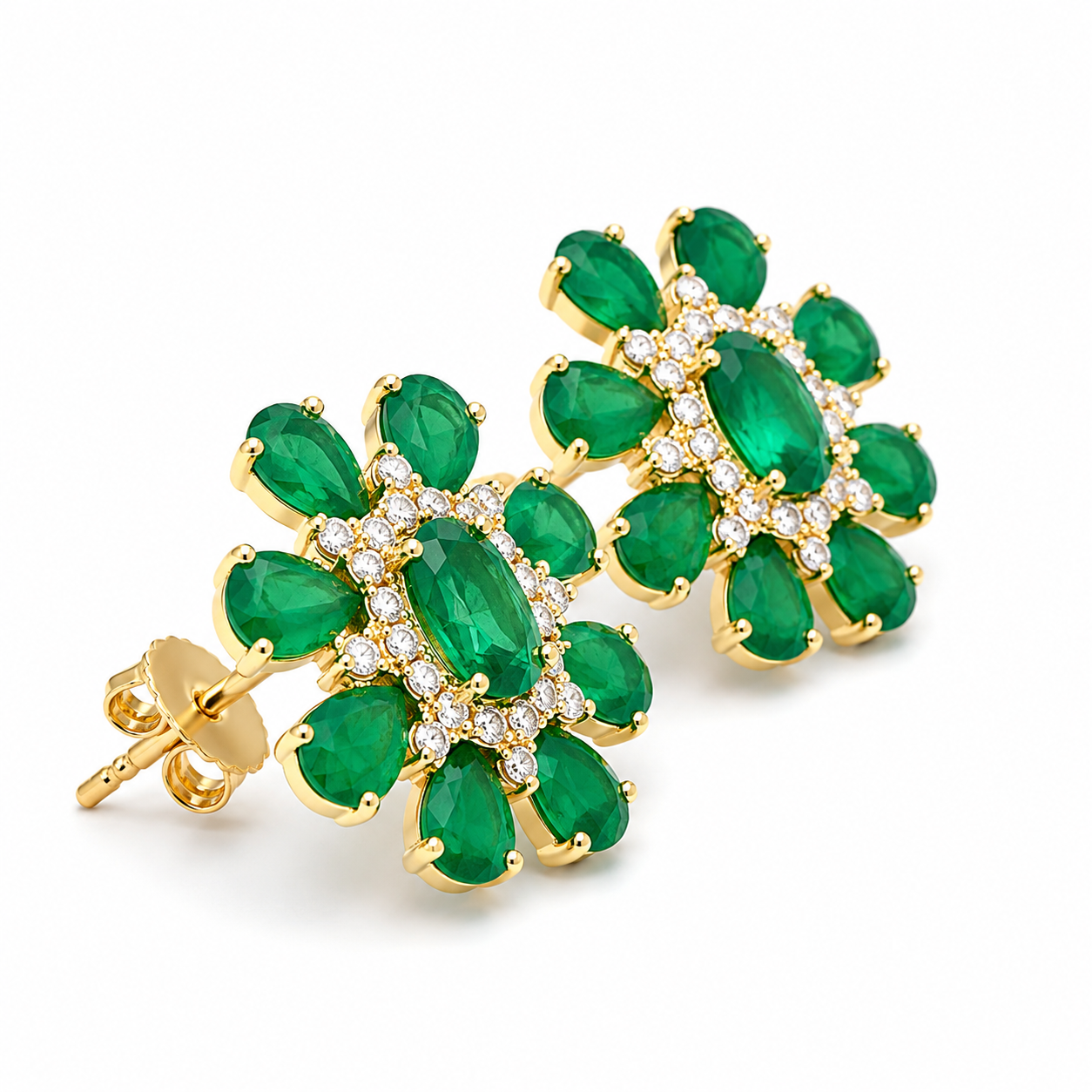 Yellow Gold Emerald and Diamond Earrings