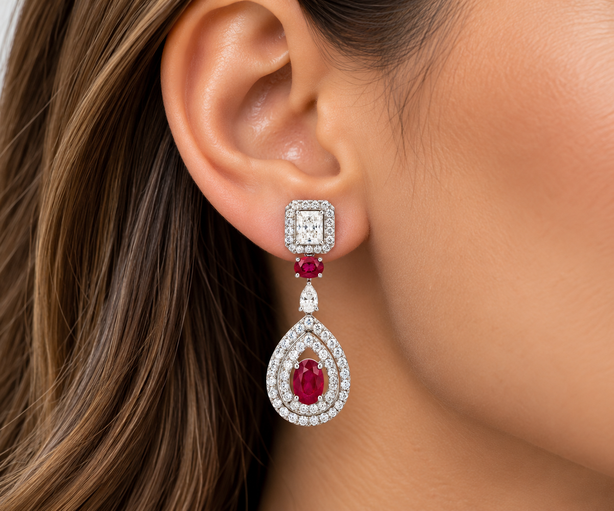 White Gold Ruby and Diamond Earrings