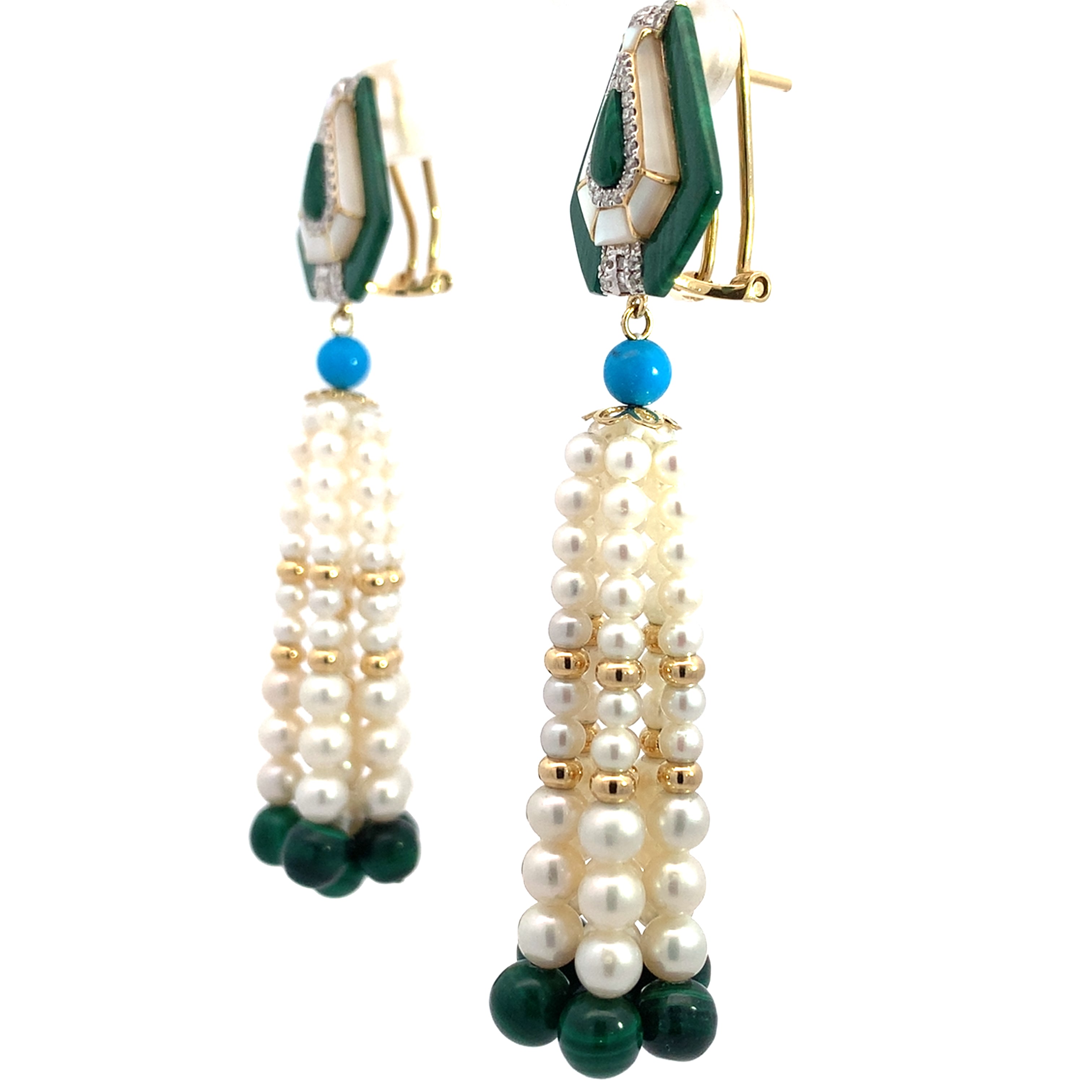 Malachite, Turquoise, Mother of pearl and Diamond Earrings