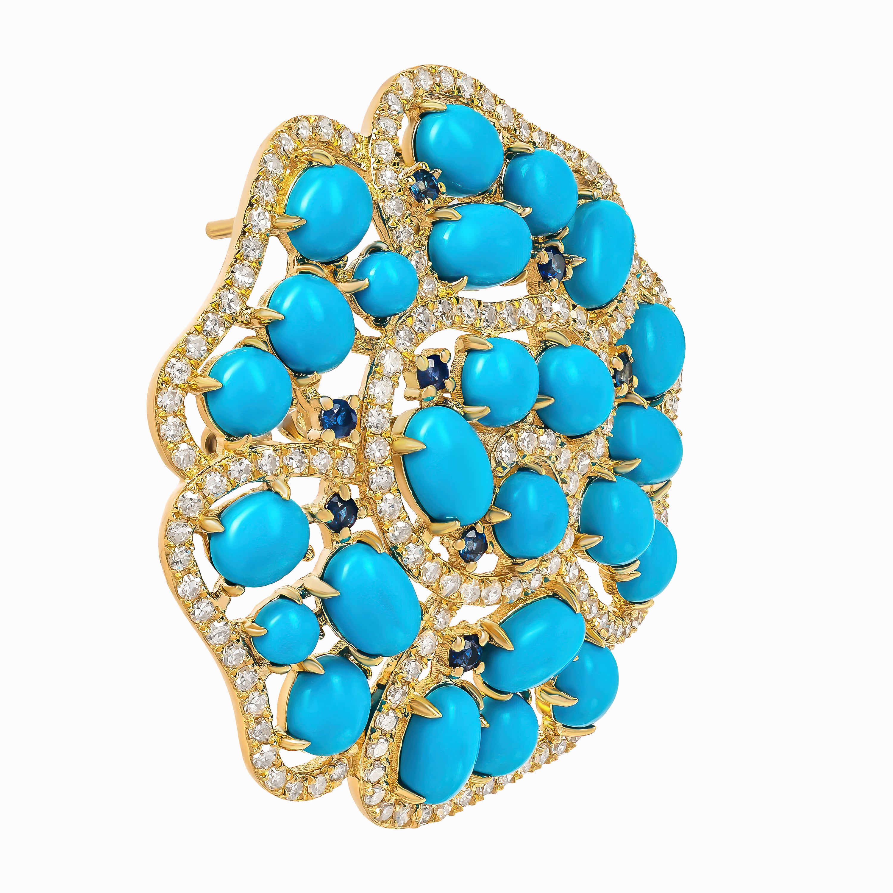 White Gold Stud Earrings with Diamond, Turquoise Stones