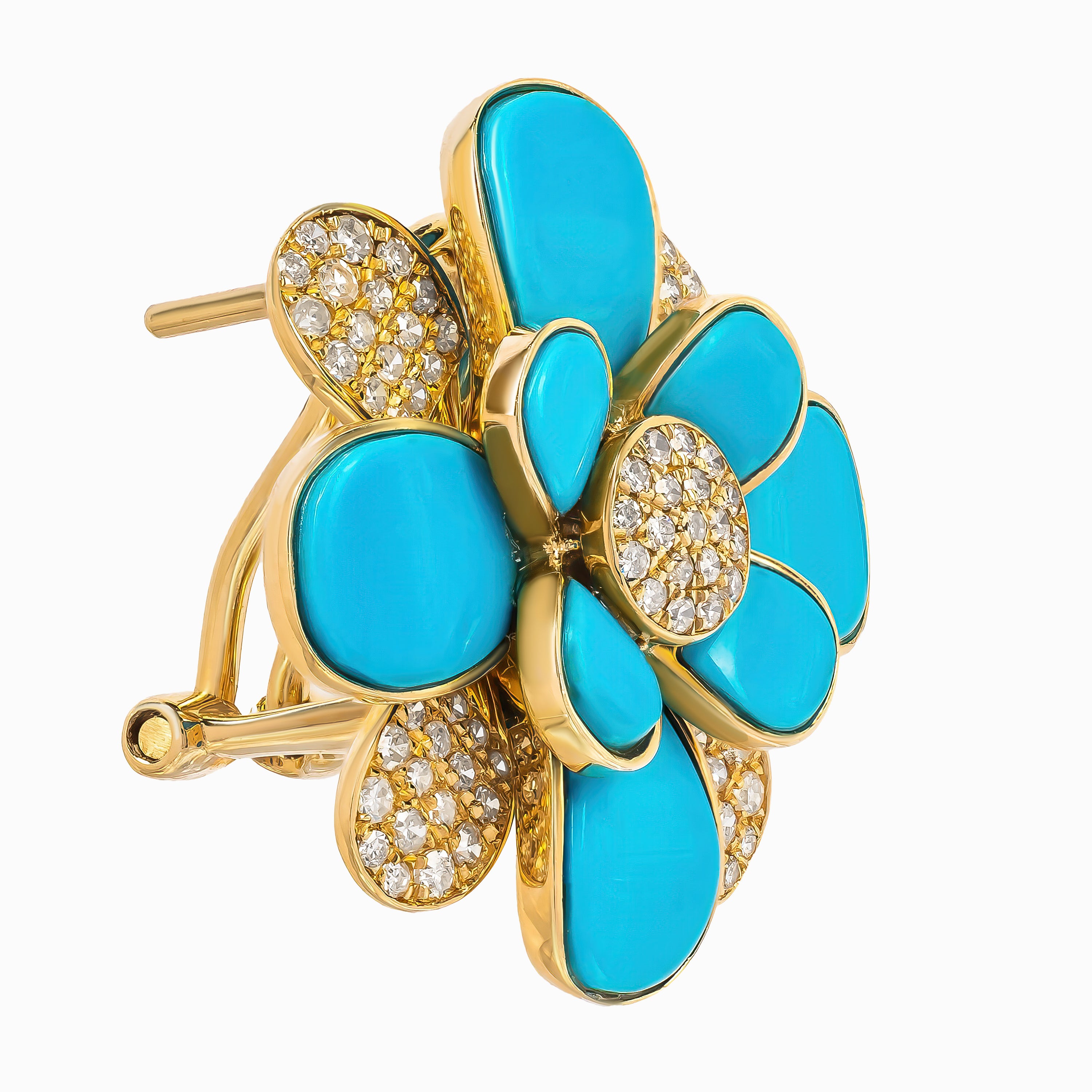 White Gold Stud Earrings With Diamond, Turquoise Stones