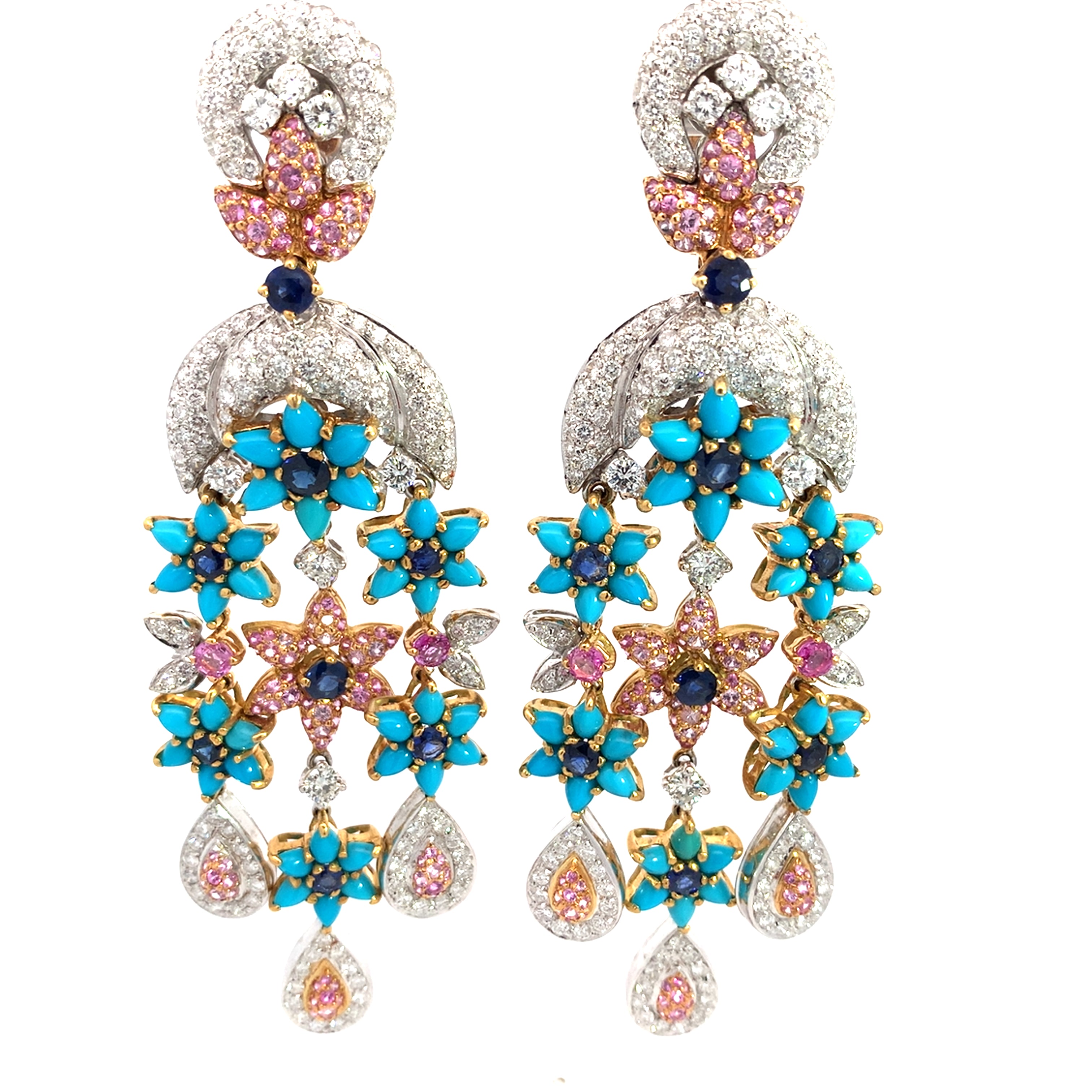 Turquoise Diamond Flower Motif Earrings